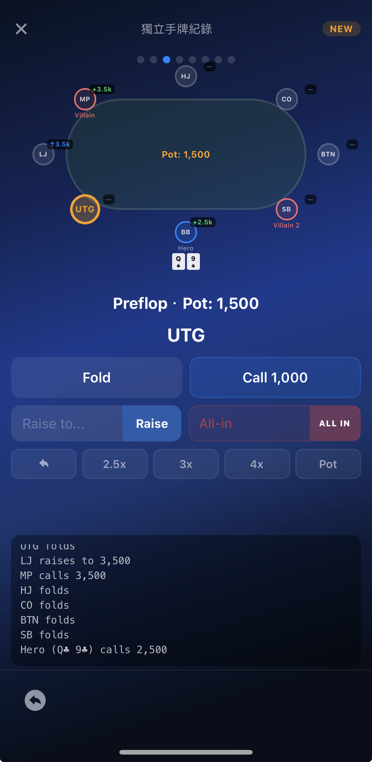 手牌記錄器的翻前行動記錄畫面，完整捕捉 BvB 對決中的每一個決策細節。