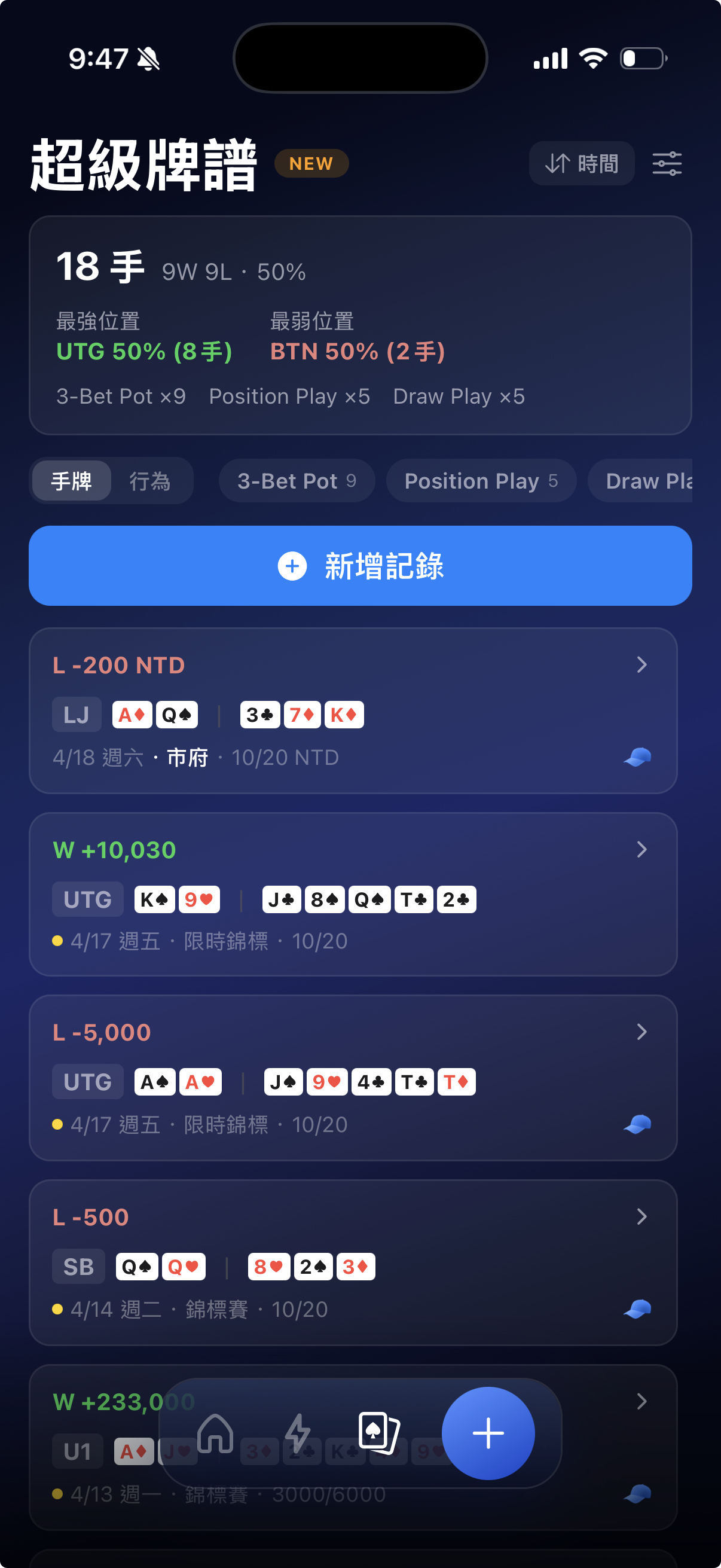 手牌記錄器：手牌歷史列表，瀏覽並篩選所有已記錄的關鍵手牌，方便賽後系統性覆盤。