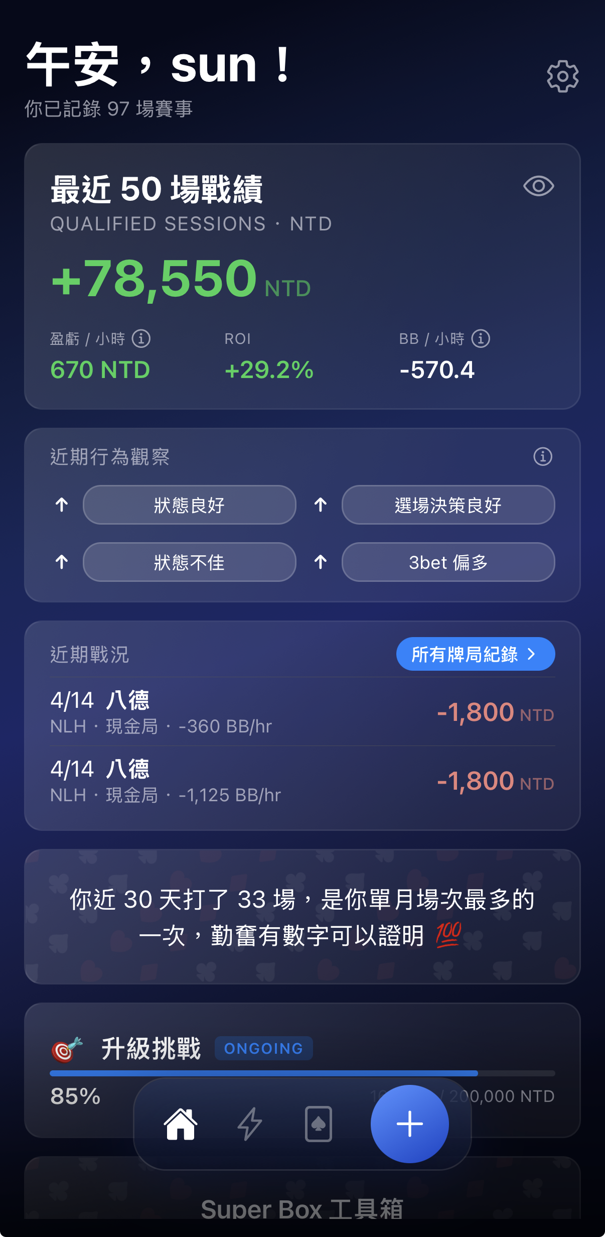 ivey app — home dashboard with BB/hr, win rate, and recent behavioral tags